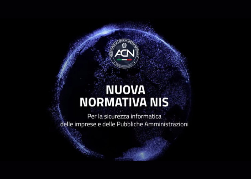 Grafica con globo digitale su sfondo scuro. Testo su “Nuova normativa NIS” e sicurezza informatica, con logo ACN.