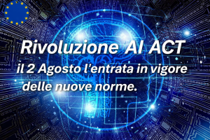 Grafica digitale con cervello e circuiti elettronici. Testo: “Rivoluzione AI Act” e nuove norme in vigore.