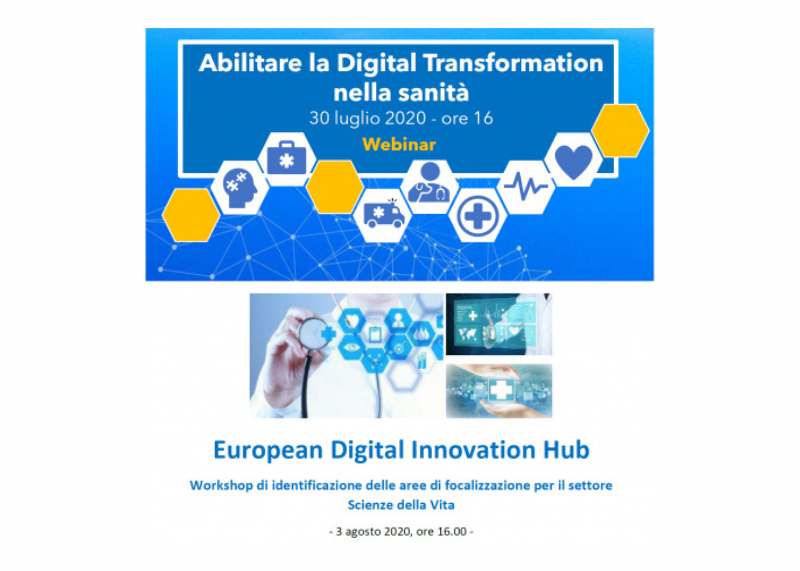 Banner con due locandine di webinar sulla sanità digitale e sugli European Digital Innovation Hub.