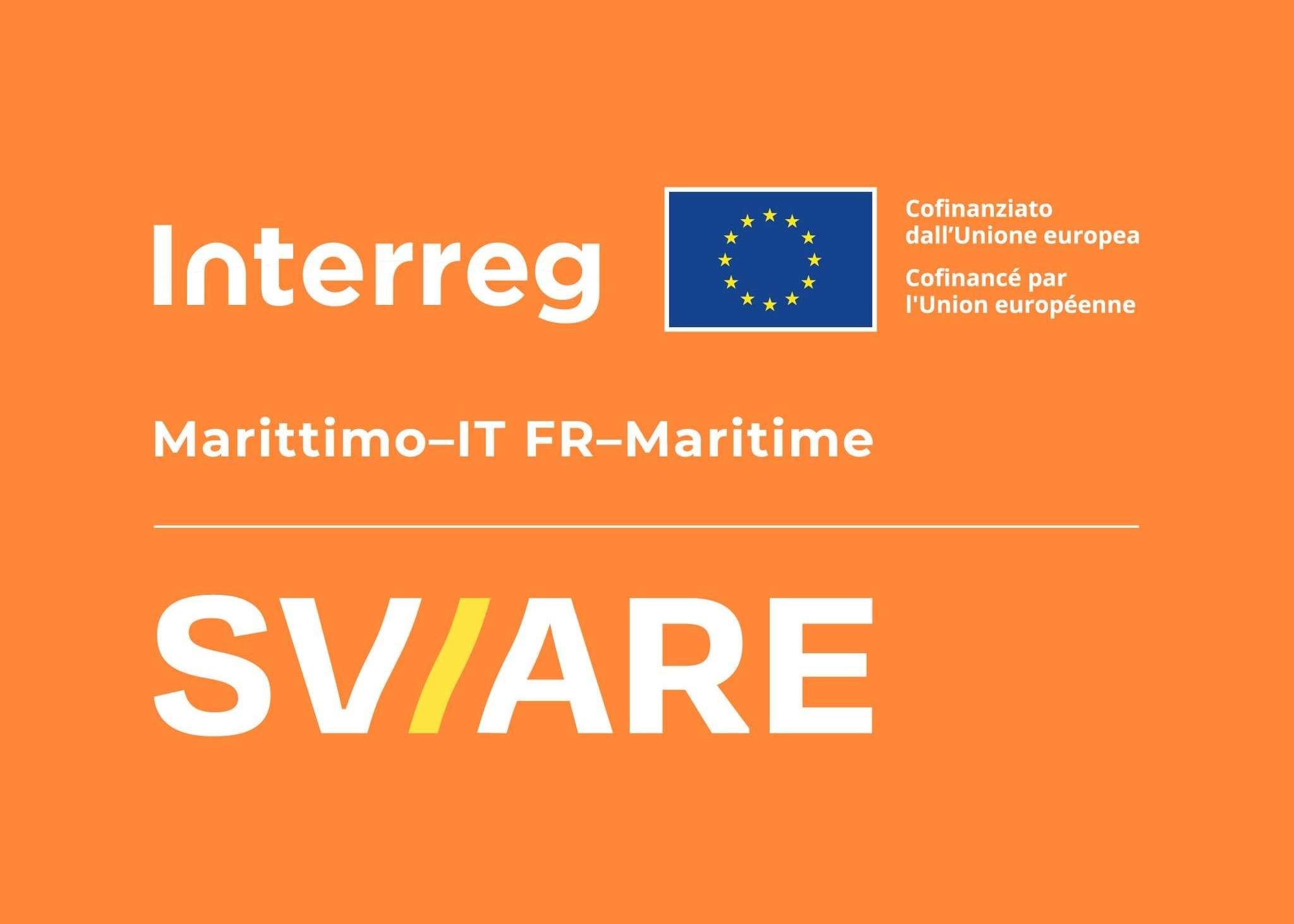 Logo del progetto Interreg “SV/ARE” su sfondo arancione con riferimento all’Unione Europea.