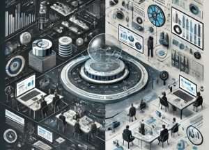 Illustrazione futuristica di un ambiente industriale e analitico con persone al lavoro tra macchinari, dati e dashboard digitali.