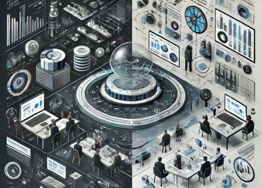 Illustrazione futuristica di un ambiente industriale e analitico con persone al lavoro tra macchinari, dati e dashboard digitali.