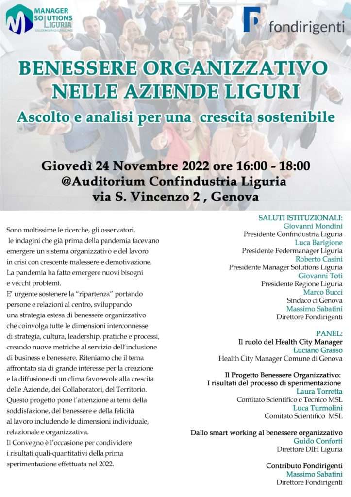 Locandina dell’evento “Benessere organizzativo nelle aziende liguri” con programma, relatori e informazioni sull’incontro organizzato a Genova.