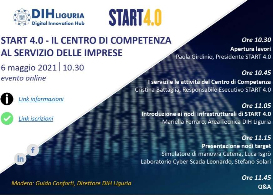 Locandina evento online “START 4.0 – Il Centro di Competenza al servizio delle imprese”, con programma e loghi.