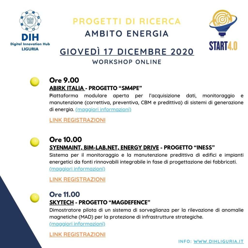 Slide/locandina con programma di workshop online “Energia”, interventi e orari