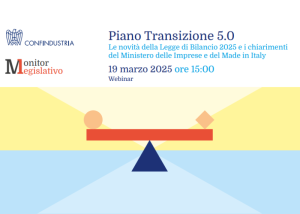 Locandina del webinar “Piano Transizione 5.0” (19 marzo 2025) sulle novità legislative per le imprese.