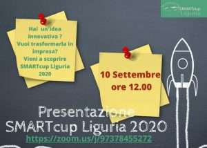 Locandina di presentazione SMARTcup Liguria 2020 con post-it, data e grafica a lavagna.