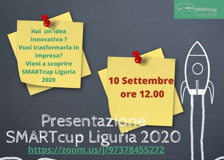 Locandina di presentazione SMARTcup Liguria 2020 con post-it, data e grafica a lavagna.
