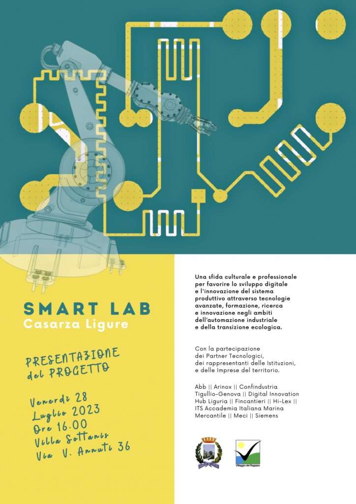 Locandina dell’evento Smart Lab Casarza Ligure per la presentazione del progetto sull’innovazione e l’automazione industriale (28 luglio 2023).