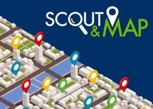 Grafica del progetto “Scout & Map” con mappa stilizzata della città e segnaposto colorati.