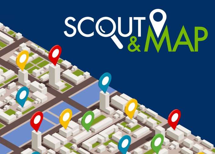 Grafica del progetto “Scout & Map” con mappa stilizzata della città e segnaposto colorati.