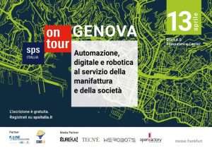 Locandina dell’evento SPS Italia On Tour a Genova (13 aprile) su automazione, digitale e robotica per la manifattura, con grafica stilizzata della mappa della città.