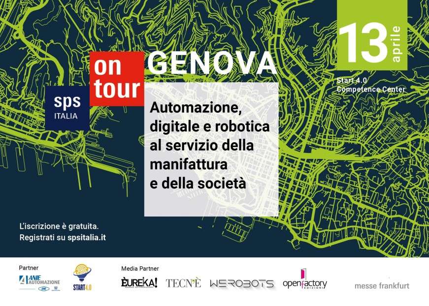 Locandina dell’evento SPS Italia On Tour a Genova (13 aprile) su automazione, digitale e robotica per la manifattura, con grafica stilizzata della mappa della città.