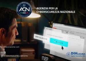 Locandina dell’Agenzia per la Cybersicurezza Nazionale (ACN) su sicurezza informatica, con scena di un utente davanti al computer e avviso di email sospetta.