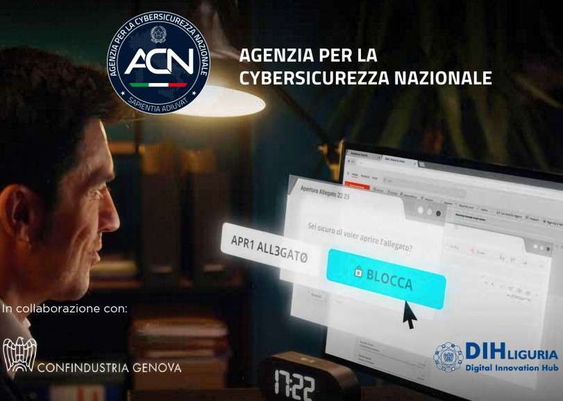 Locandina dell’Agenzia per la Cybersicurezza Nazionale (ACN) su sicurezza informatica, con scena di un utente davanti al computer e avviso di email sospetta.