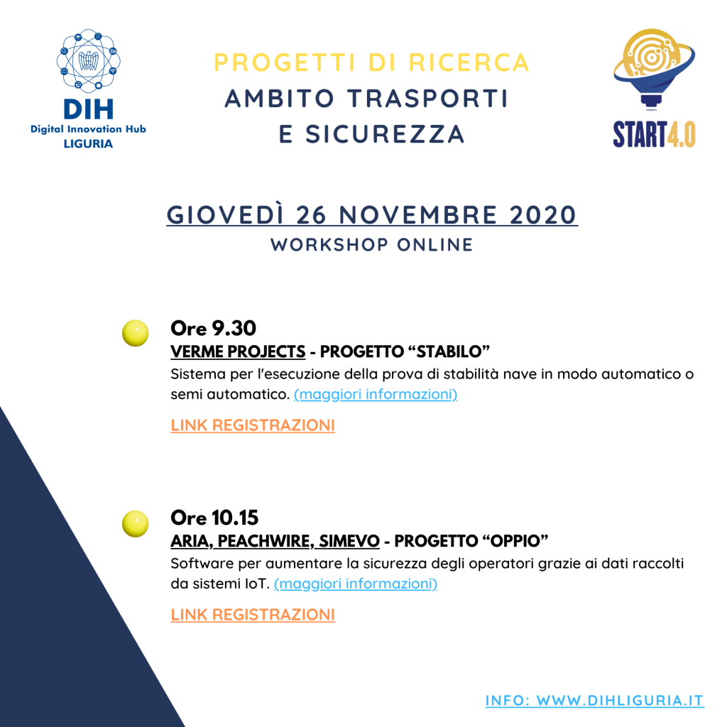 Slide/locandina con programma di workshop online “Ambito Trasporti e Sicurezza”, interventi e orari.