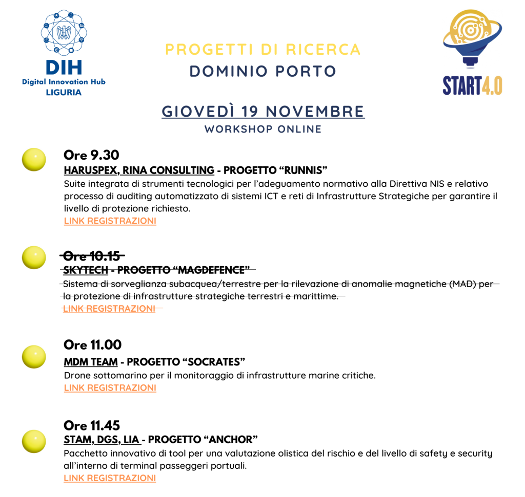 Slide/locandina con programma di workshop online “Dominio Porto”, elenco interventi e orari.