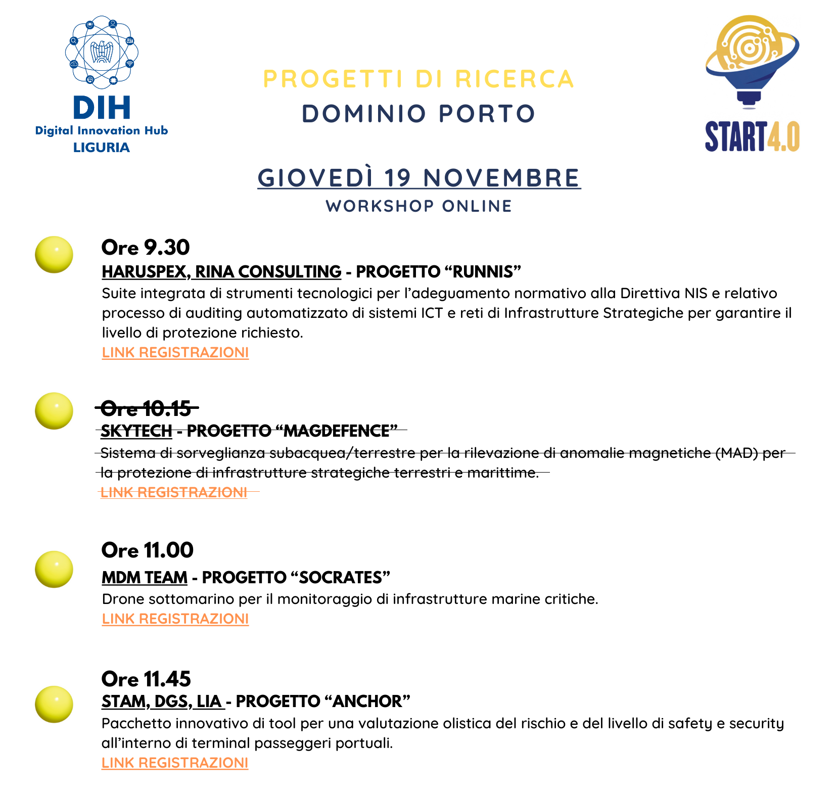 Slide/locandina con programma di workshop online “Dominio Porto”, elenco interventi e orari.
