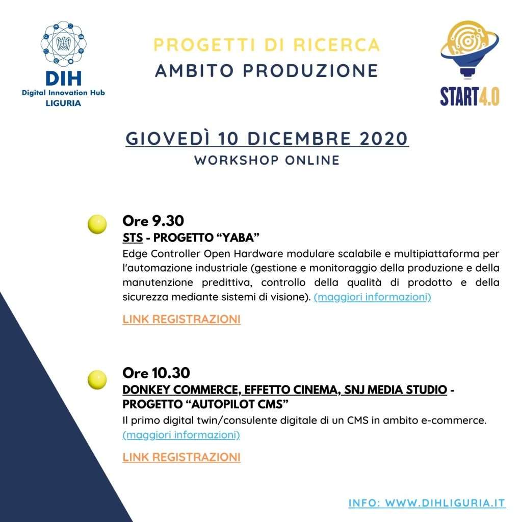 Slide/locandina con programma di workshop online “Produzione”, interventi e orari