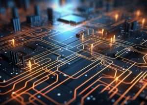Immagine di circuito elettronico con linee luminose su scheda tecnologica.