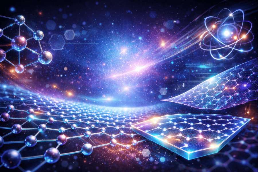 Illustrazione scientifica con strutture molecolari e grafene. Sfondo futuristico con elementi atomici e luce cosmica.