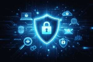 Scudo digitale con lucchetto e icone di sicurezza informatica.