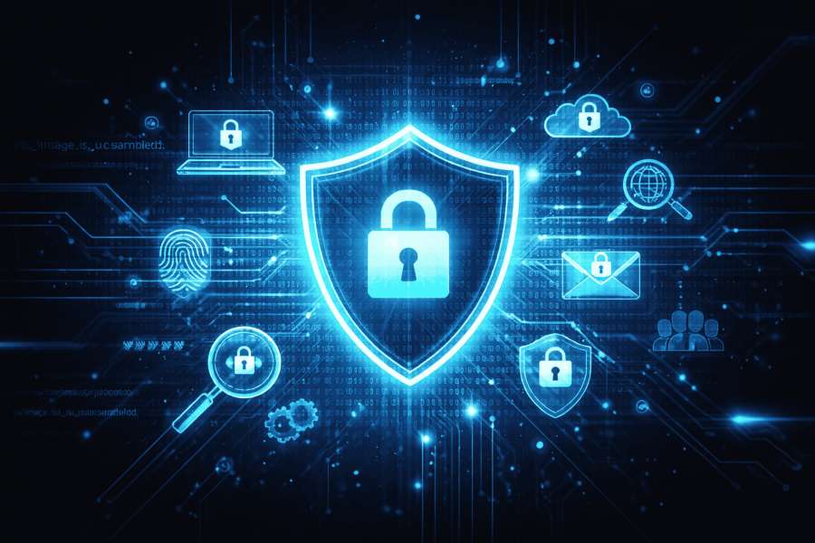 Scudo digitale con lucchetto e icone di sicurezza informatica.