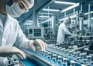 Tecnico in laboratorio farmaceutico che controlla una linea automatizzata di produzione e confezionamento