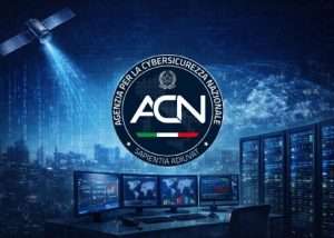 Logo ACN su sfondo tecnologico con server e monitor. Satellite e città digitale sullo sfondo.