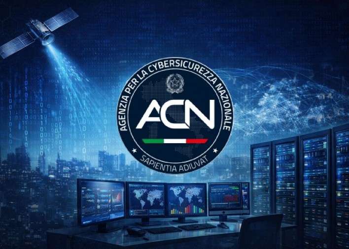Logo ACN su sfondo tecnologico con server e monitor. Satellite e città digitale sullo sfondo.