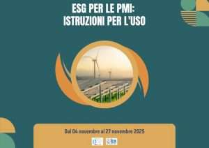 Locandina su ESG per le PMI. Immagine di pannelli solari e pale eoliche in un cerchio.