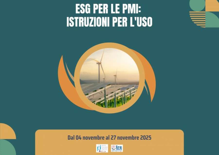 Locandina su ESG per le PMI. Immagine di pannelli solari e pale eoliche in un cerchio.