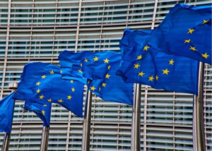 Bandiere dell’Unione Europea davanti a edificio moderno.