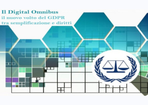 Grafica su GDPR e “Digital Omnibus”. Icona della giustizia con bilancia su sfondo geometrico.
