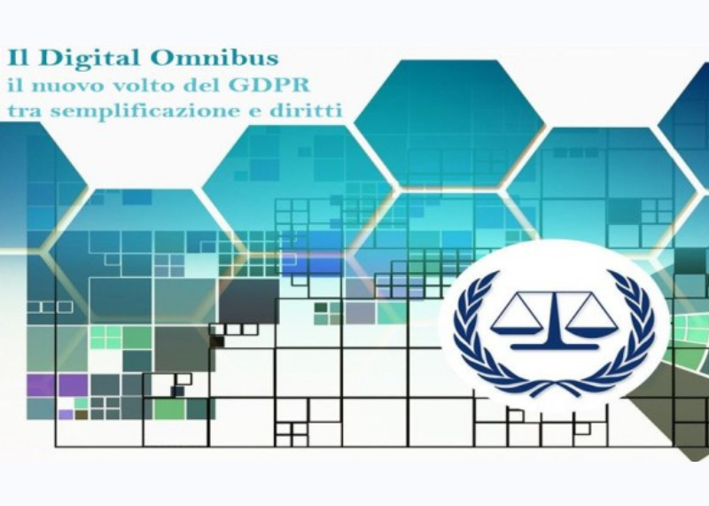 Grafica su GDPR e “Digital Omnibus”. Icona della giustizia con bilancia su sfondo geometrico.