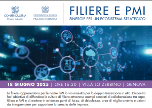 Locandina dell’evento “Filiere e PMI” (18 giugno 2025, Genova) sulle sinergie tra imprese per la crescita e l’innovazione.