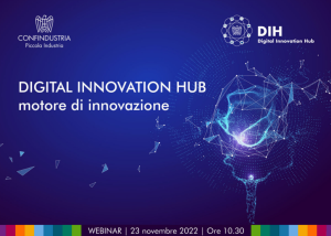 Banner su sfondo blu con grafica digitale e loghi Confindustria Piccola Industria e DIH.