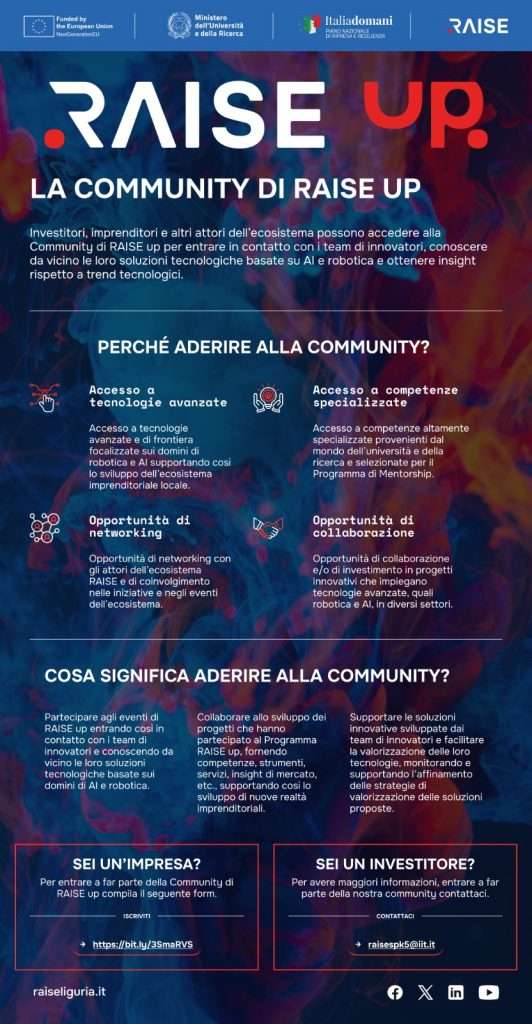 Locandina “RAISE UP – La community di RAISE” con informazioni su opportunità di networking, accesso a tecnologie e collaborazioni nell’ecosistema AI e robotica, con loghi UE, MUR, Italia Domani e RAISE.