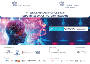 Locandina dell’evento “Intelligenza artificiale e PMI: esperienze da un futuro presente” (27 febbraio 2024, Genova) dedicato all’uso dell’AI nelle imprese.