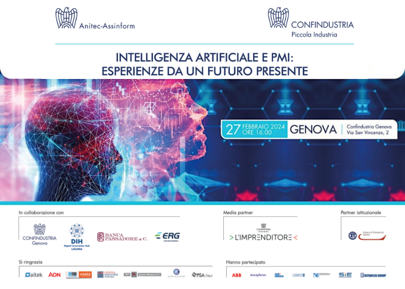 Locandina dell’evento “Intelligenza artificiale e PMI: esperienze da un futuro presente” (27 febbraio 2024, Genova) dedicato all’uso dell’AI nelle imprese.