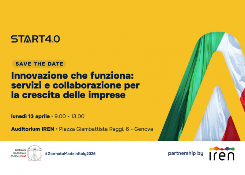 Locandina evento “Start4.0” su innovazione e crescita delle imprese. Sfondo giallo con bandiera italiana e dettagli di data e luogo.