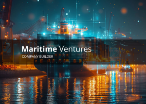 Banner “Maritime Ventures – Company Builder”. Sfondo con porto e container illuminati in stile tecnologico.