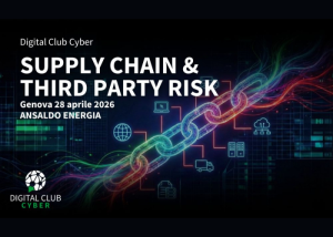 Locandina evento “Supply Chain & Third Party Risk”. Catena digitale colorata con icone tecnologiche e dettagli su data e luogo.