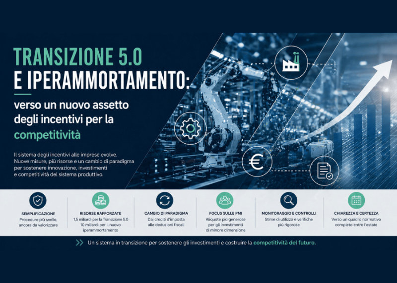 Locandina su Transizione 5.0 e iperammortamento per le imprese. Robot industriale con grafico in crescita e icone su incentivi e innovazione.