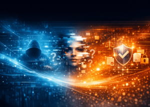 Immagine divisa tra cyber rischio e sicurezza digitale. Figura incappucciata, volto umano e simboli di protezione dei dati.