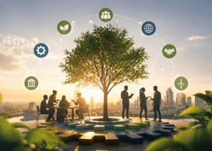 Albero al centro con persone che collaborano intorno. Icone di sostenibilità, tecnologia e innovazione sociale.