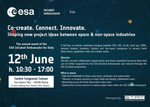 Locandina ESA InCubed Ambassador Italy su innovazione e collaborazione tra spazio e industria con dettagli di evento, data e luogo.